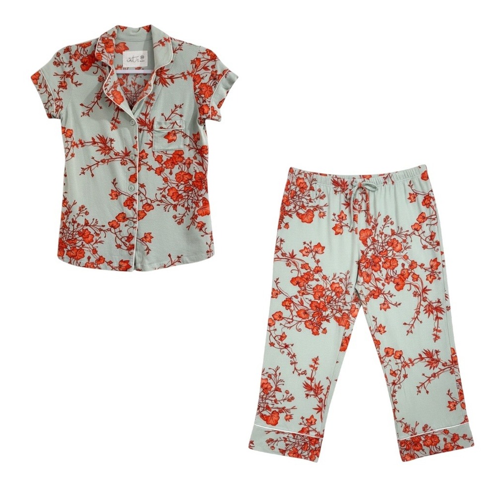 The Cat's Pajamas Pajama Set Women XS Green Orange Floral Pima Cotton Modal Soft